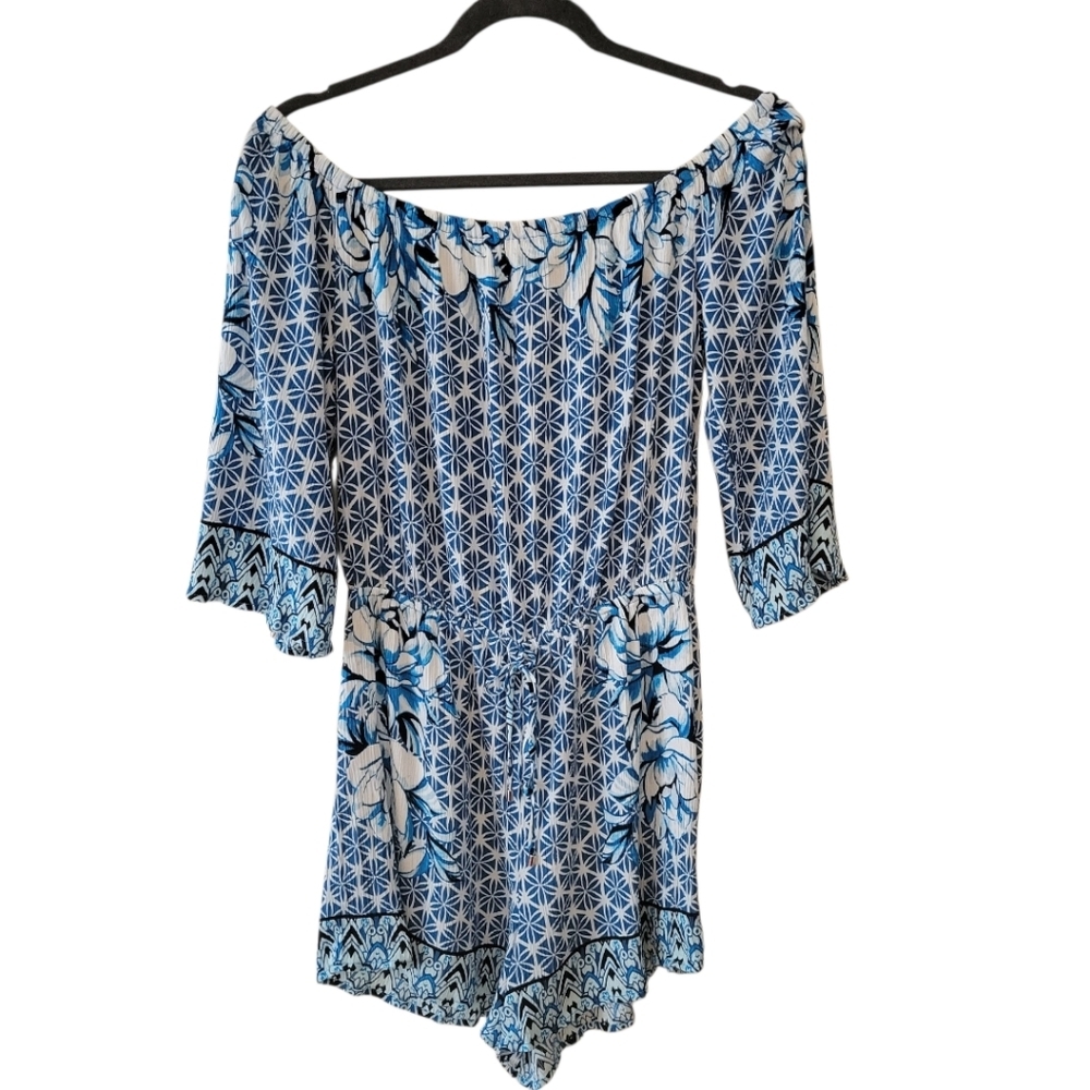 WHBM Blue Batik‎ Print 3/4 Sleeve Romper Size Small - Picture 2 of 5